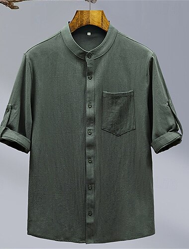  Homens Camisa Social camisa de linho Camisa casual camisa de botão Camisa de algodão Tecido Férias Rua Preto Branco Verde Manga Curta colarinho do vovô Verão Roupa Bolso frontal