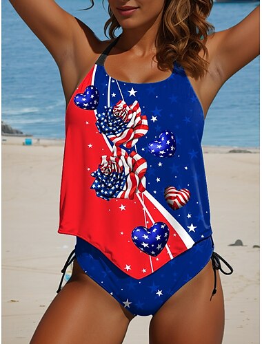  Onafhankelijksheidsdag Vrouwen Patriottische Veteraan Badpak Patriottische Vierde van Juli Tankini 2-delige Cheeky Badpak Rugloos Vakantie Strandkleding Vlag U Hals Mouwloze Badpakken