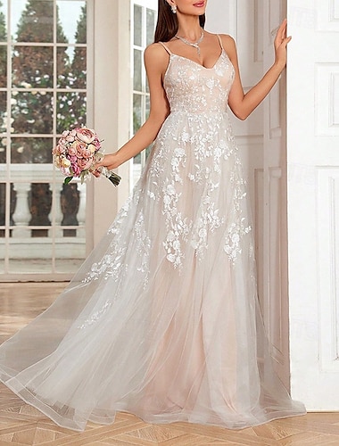  petites robes blanches robes de mariée robes de mariée trapèze col en V sans manches longueur au sol robes de mariée en tulle avec robe en dentelle florale brodée 2025