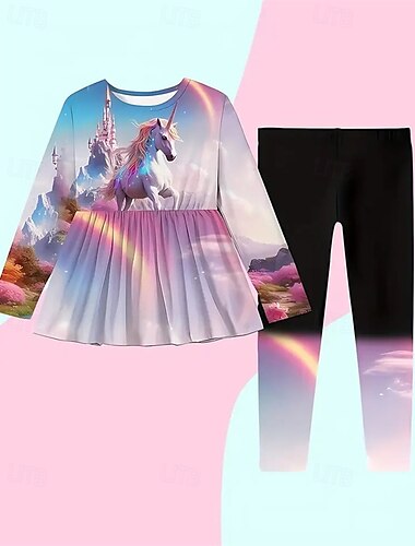  Mädchen 3D Einhorn Set T-Shirt und Leggings Langarm Sommer Frühling Mode Täglich Basic Kinder 4-12 Jahre Rundhalsausschnitt Outdoor Urlaub Figurbetonter Schnitt
