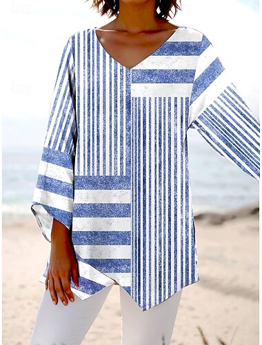  Dame Bluse Langermet Asymmetrisk Hem Grafisk Stripet Stilfull Strand Korte Ermer V-hals Vanlige Topper Daglige Trykk Rosa Blå Grå Vår Høst