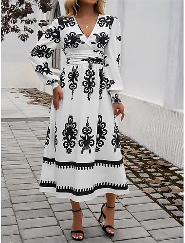  Femme Robe mi-longue Robe Trapèze Robe ajustée et évasée Décontractées Vacances Casual du quotidien Standard Graphic manche longue Col V Noir Blanche Bleu Vert Véronèse Eté Printemps Automne