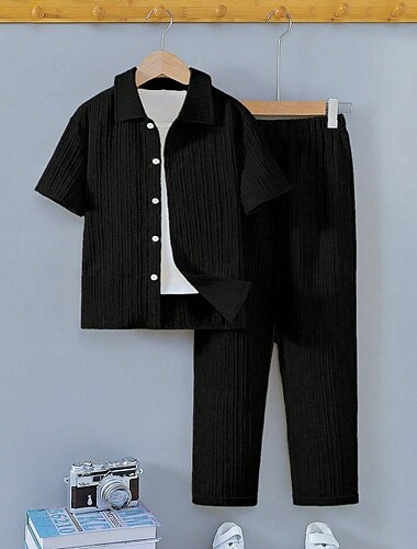  2 Pezzi Bambini Ragazzi Set di Abbigliamento Vestito Tinta unica Manica Corta Impostare Scuola Moda Quotidiano Estate 7-13 Anni Nero