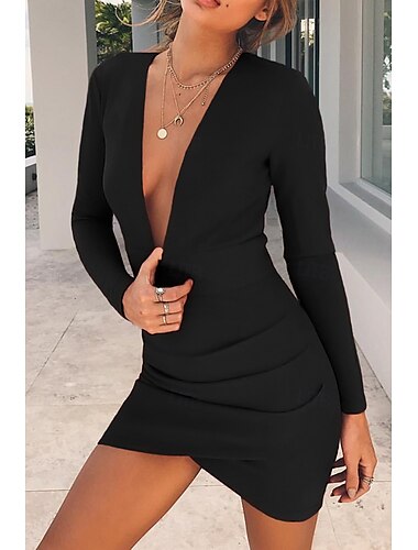  Damen Minikleid Weißes Kleid Abschlusskleid Bodycon Mode Modern Outdoor Geburtstag Abschlussfeier Normale Passform Einfach Langarm Tiefer V-Ausschnitt Schwarz Weiß Rote Sommer