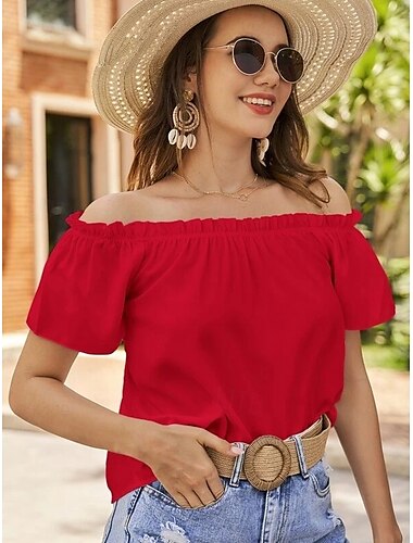  Women's Plus Size Going Out Tops Summer Tops Solid Color Sexy Casual Short Sleeve Sleeveless Off Shoulder Crop Tops Going out Vacation Wear Black White Red Sky Blue Purple Summer