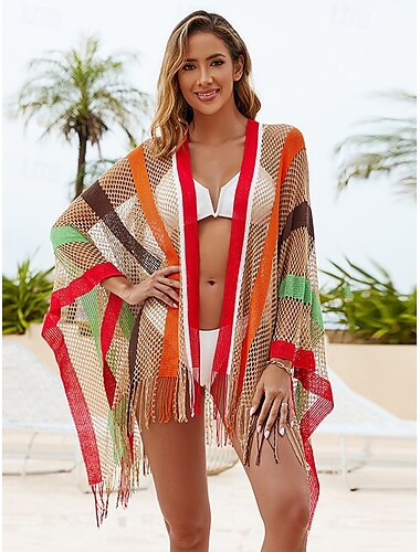  damstickad strandscarf i mesh - bohorandig baddräkt med fransar, lätt och andningsbar sommarkofta för semester, pool och semesterkläder
