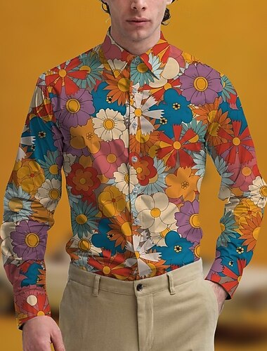  Retro Vintage 1970er Hemd Aloha-Hemd Hippie Blumen Kostüm Herren Maskerade Party Alltagskleidung Pride Parade Erwachsene Hemd