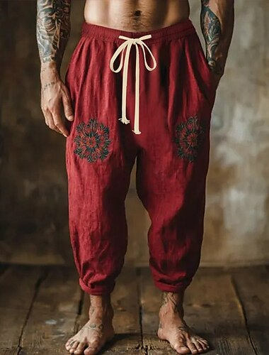  Voor heren Linnen broek Broek Zomerbroek Geborduurd Trekkoord Elastische taille Bloemen Comfort Ademend Volledige lengte Buiten Casual Feestdagen Modieus Retro vintage Rood