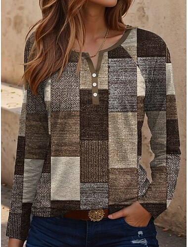  Per donna maglietta Fantasia geometrica Informale Manica lunga Collo dentellato Top regolari Giornaliero Stampa Blu Marrone Arcobaleno Primavera Autunno