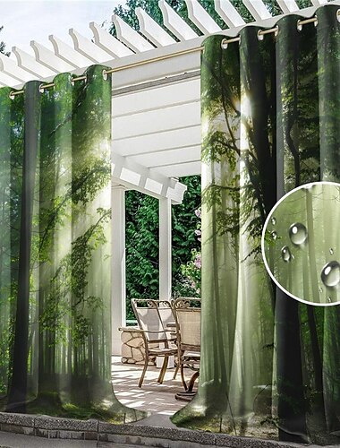  buitengordijnen waterdicht winddicht weerbestendig gordijn voor terras, cabana, veranda, pergola en tuinhuisje, doorvoertule topgordijn, 2 panelen boslandschap
