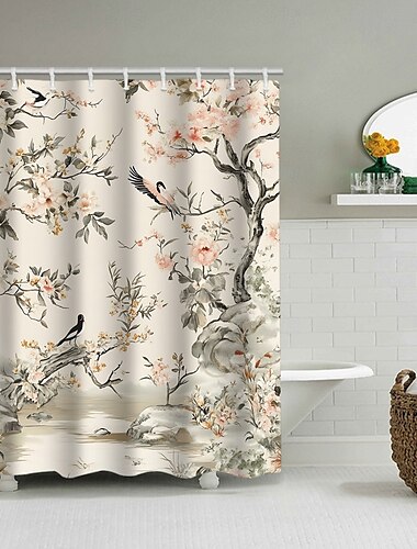  Duschvorhang mit Haken 200 cm hoch duschvorhang waschbar Polyester duschvorhang blumen wasserdicht Muster Badezimmer Badewanne Dekor florale Vogelpflanze