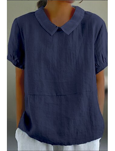  Damen Hemd Leinenhemd Bluse Baumwoll-Leinen-Hemden Einfach Täglich Basic Lässig Kurzarm Hemdkragen Normale Oberteile Täglich Ausgehen Gerafft Weiß Marineblau Blau Sommer