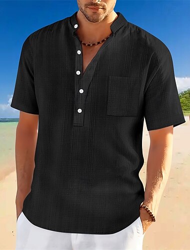  Herren Hemd Sommerhemd Freizeithemd Strandhemd Knopfhemd Schwarz Weiß Dunkelmarine Himmelblau Kaki Kurzarm Einfach Stehkragen Urlaub Hawaiianisch Tasche Bekleidung Polyester Mode Lässig Bequem