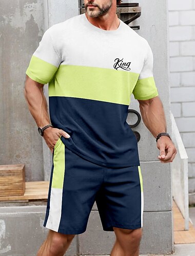  Herren Horizontale Streifen 2St T-Shirts-Sets Sommeroberteile Kurzarm Kurze Hosen Rundhalsausschnitt Sport Lässig Outdoor Urlaub Sport 3D-Druck Sommer Rosa Braun Grün