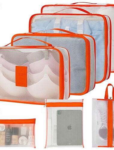  kompressionspakningsterninger til rejser, 7 stk mesh synlige bagageopbevaringstasker, toiletartikler, kosmetik, digital opbevaring, foldepose med snøre