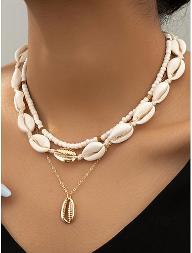  set di collana con conchiglia boho da donna – gioielli da spiaggia a strati con accenti dorati, girocollo estivo fatto a mano per vacanze, festival e abbigliamento casual