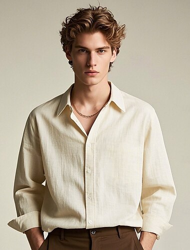  heren 100% linnen overhemd blauw legergroen beige lange mouw effen kleur rolkraag outdoor casual knopen kleding dagelijks casual vrijetijdskleding