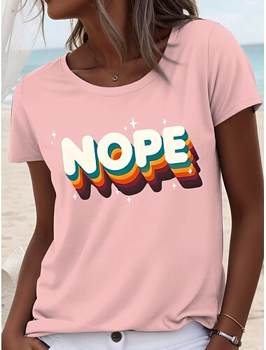  女性用 Tシャツ グラフィック レタード カジュアル 半袖 ラウンドネック レギュラートップス 日常 プリント ブラック ホワイト ピンク 夏 春 NOPE