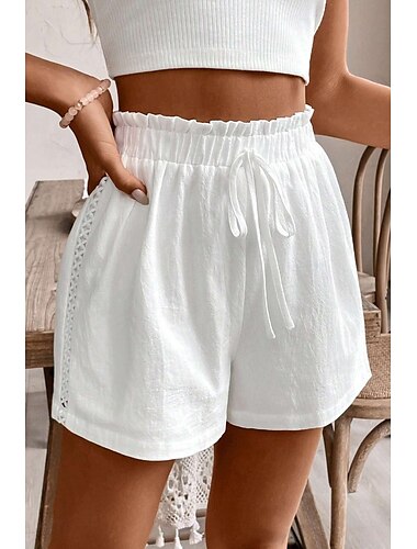 Mujer Pantalones cortos inspirados en el lino Pantalón corto pantalones Ropa de calle Casual Corto Cintura Media Plano Bolsillo Diseño de cordón elástico Confortable Cómodo Exterior Vacaciones Blanco