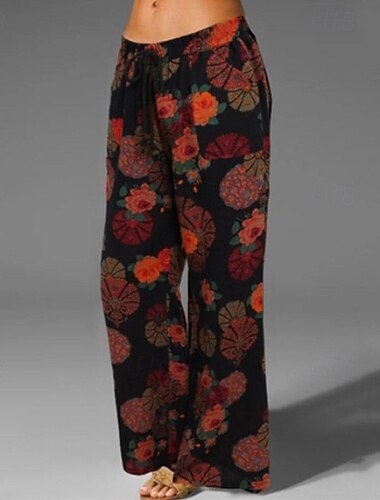  Жен. Брюки из хлопка и льна Брюки Брюки палаццо Мода Уличный стиль Полная длина Средняя талия Цветочный принт Рисунок Эластичный шнурок удобный На открытом воздухе Удобный