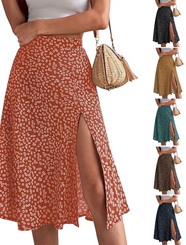 Femmes Jupe Trapèze Occasionnel Mi-long Taille Basse Jupes Fleuri Imprimé Micro-Élastique Vacances Rue Noir Jaune Bleu Orange Été Polyester