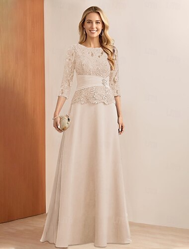  A-vonalú Ruha Anyósruha Elegáns Parti Ékszer nyak Padlóméretű Chiffon Csipke 3/4-es ujjú Csipke applikációkkal
