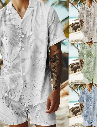  Herren Bäume / Blätter 2St Hemden-Sets Sommer Hawaiihemd Kurzarm Kurze Hosen Kubanisches Halsband Urlaub Lässig Strandurlaub 3D-Druck Sommer Grau Weiß Hellgrün