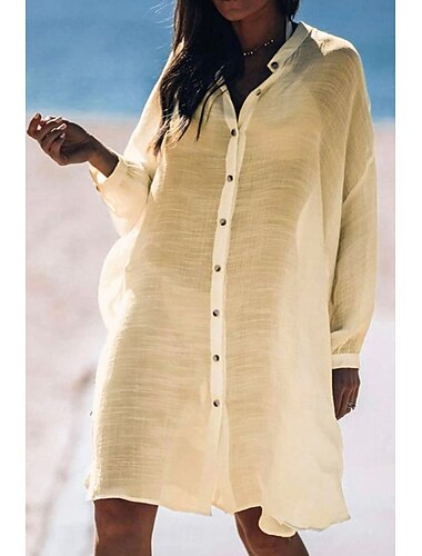  בגדי ריקוד נשים חולצה תערובת כותנה כפתור למעלה כפתורים אחיד מודרני יום יומי שרוול ארוך צווארון חולצה חולצות ארוכות יומי חגים ליציאה לבן צהוב ורוד מסמיק כחול בהיר קיץ