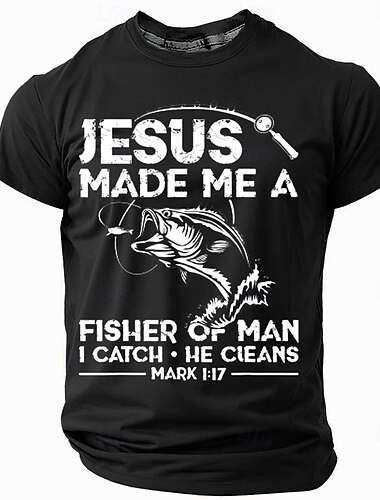  Menns fiskende kristne grafiske t-skjorte - "Jesus gjorde meg til en fisker av mennesker" Markus 1:17 sitat kortermet tee