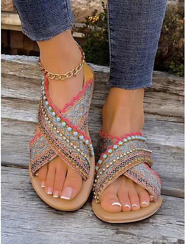  Women's Bohemian Beaded Sandals – Handmade Vintage Flat Sandals with Embroidered Straps for Summer, Beach, and Casual Wear