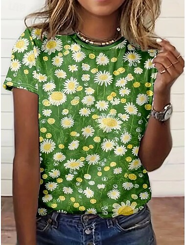  Dames T-shirt Zomer tops Bloemig Grafisch Klassiek Casual Korte mouw Strakke ronde hals Croptops Dagelijks Weekend Afdrukken Regenboog Zomer Lente Herfst