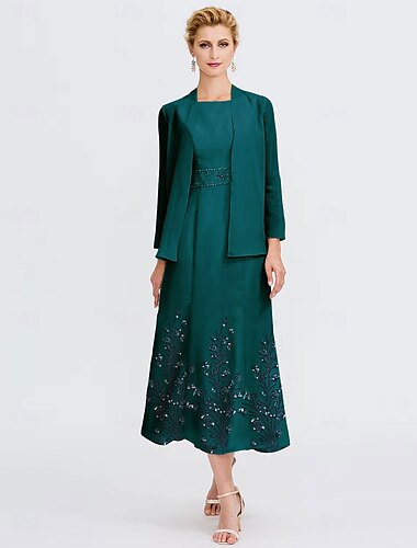  tweedelig a-lijn pak moeder van de bruid jurk elegante juwelen hals thee lengte chiffon 3/4 lengte mouw jasje jurken met pailletten 2025