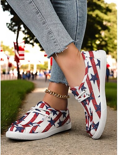  Canvas-Sneaker für Damen mit amerikanischer Flagge – patriotische Schnürschuhe für den 4. Juli, Reisen und den Alltag