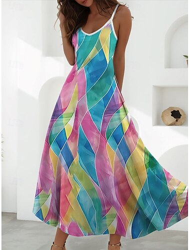  Women's Maxi Dress A Line Dress Summer Dress Slip Dress Vacation Casual Daily Regular Fit Floral Graphic Sleeveless V Neck Spaghetti Strap White Blue Orange Summer Spring