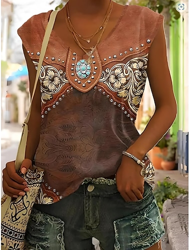  Damers Camisole Tank Top Boho Tank Top Western Tank Top Grafisk Geometrisk Bohemia Vintage Hawaiiansk ärmlös V-hals Regular Tops Dagligt tryck Ljusbrun Brun Khaki Sommar
