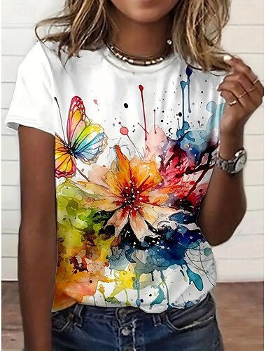  Damen T Shirt Sommertops Graphic Ölgemälde Blumen Klassisch Brautkleider schlicht Kurzarm Rundhalsausschnitt Crop Tops Täglich Wochenende Bedruckt Regenbogen Sommer Frühling Herbst