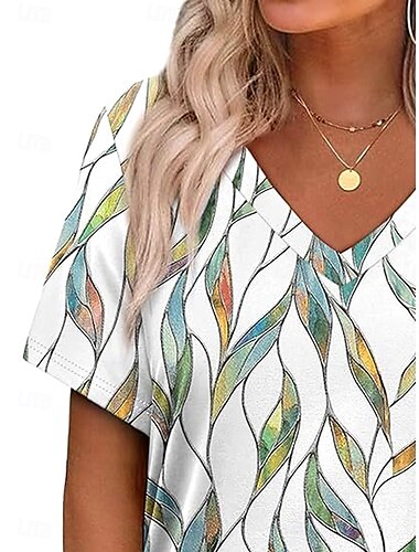  Per donna Maglietta Floreale Grafico Casual Manica Corta Scollo a V Top Regolari Quotidiano Stampato Verde chiaro Estate Primavera