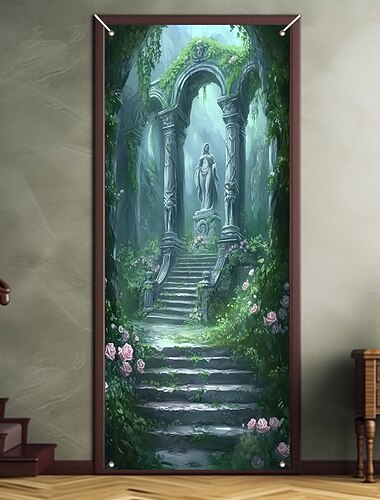  ランドスケープストーン洞窟ドア装飾 ドアカバー ドアタペストリー ドアカーテン装飾 バックドロップ 屋内/屋外 ドアバナー フロントドア ファームハウス