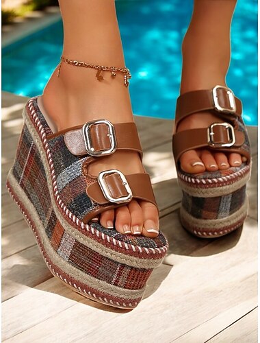  Dames geruite platform wedge sandalen – trendy instappers met gespband en jute details voor zomerse strandvakanties en casual uitjes