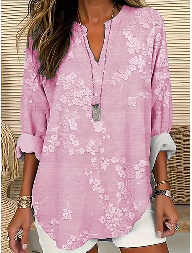  Damen Hemd 3D Druck Floral Grafik Vintage Tropisch Hawaiianisch Langarm V-Ausschnitt Reguläre Oberteile Täglich Urlaub Strandmode Druck Weiß Gelb Pink Blau Khaki Sommer Frühling