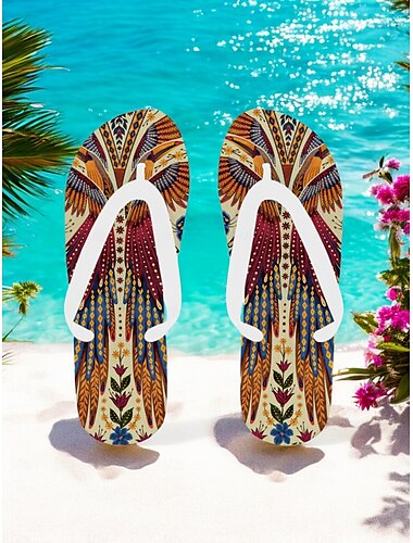  Boho-Flip-Flops für Damen im Ethno-Stil – Strandsandalen mit Vintage-Tribal-Muster, bequeme Sommerpantoffeln für Reisen und Festivals