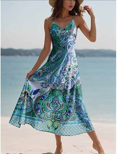  Damen Maxidress Casual kleid A Linie Kleid Urlaub Vintage Ethnisch Täglich Regular Fit Graphic Vintage Böhmische Ärmellos V Ausschnitt Rosa Blau Purpur Grün Sommer Frühling Herbst
