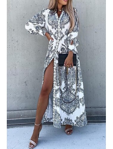  Mujer Vestido Midi Vestido de Camisa Vestido de flores Vestido bohemio Vestido Estampado Moda Festivos Noche Ajuste regular Flor Manga Larga Escote en Pico Naranja Verde Trébol Gris Verano