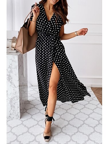  Damen Midikleid Casual kleid Boho-Kleid Klassisch Urlaub Täglich Festtage Regular Fit Punkt Kurzarm V Ausschnitt Schwarz Rosa Grün Sommer