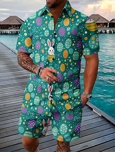  Ostern Herren Kaninchen 2St Hemden-Sets Sommeroberteile Kurzarm Kurze Hosen Umlegekragen Lässig Outdoor Lässig Täglich 3D-Druck Sommer Gelb Grün