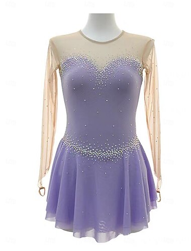  Eiskunstlaufkleid Damen Mädchen Eislaufen Kleider Violett Patchwork Daumenloch Gitter Spandex elastisch Ausbildung Praxis Professionell Eiskunstlaufkleidung warm Kristalle Langarm Eislaufen