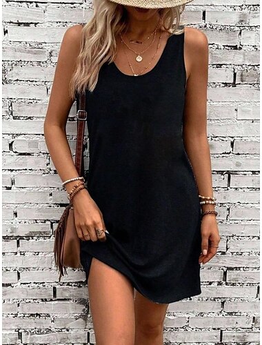  Femmes Mini Robe Robe d'Été Robe trapèze Vacances Occasionnel Chaussures de plage Vacances Quotidien Plage Coupe Ample Couleur Unie Sans manches Col ras du cou Noir Gris Été Printemps
