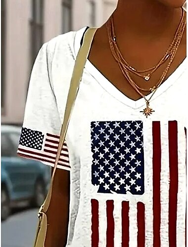  Unabhängigkeitstag Damen Patriotisches Fourth of July T-Shirt Grafische Flagge Stylisch Lässig Rot Weiß Blau Kurze Ärmel Rundhals Reguläre Oberteile Täglicher Druck Weiß Sommer Frühling