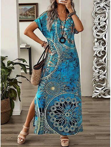  Dames Maxi-jurk T shirt jurk Zonnejurk Hemdjurk Zomerjurk Bohemen Feest Feestdagen Strand Normale pasvorm Wijnoogst Bohémien Korte mouw Strakke ronde hals Ijsblauw Zomer Lente