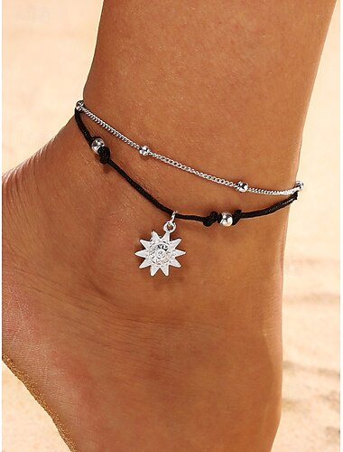  Bracelet de cheville bohème à breloques soleil pour femme – bijou de pied de plage réglable en plusieurs couches, chaîne en argent et bracelet de cheville en cordon noir pour l'été, les vacances et le quotidien